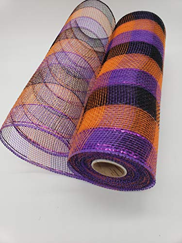 10 Inch x 30 Feet Deco Poly Mesh Ribbon - Orange Purple Black Small Plaid : RE1330F2