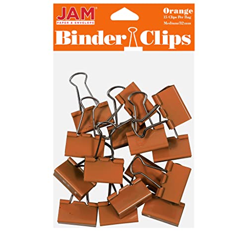 JAM PAPER Colorful Binder Clips - Medium - 1 1/4 Inch (32 mm) - Orange Binderclips - 15/Pack 32mm Medium Binder Clips Orange