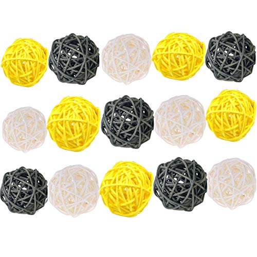 ALLHEARTDESIRES 15PCS Mixed Gray Yellow White Wicker Rattan Ball Decorative Orbs Ornaments for Vase Filler Craft Wedding Table Decoration Aromatherapy Accessories