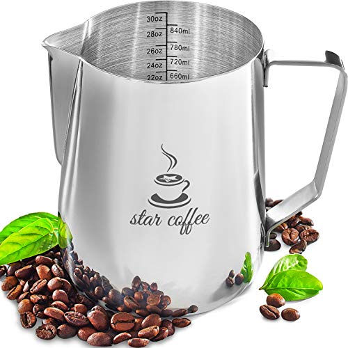 Book Cover Milk Frothing Pitcher 30oz - Steaming Pitchers - Measurements on Both Sides Inside Plus eBook - Frother cup for Espresso Machines, Milk Frothers, Latte Art - Stainless Steel Coffee Jug