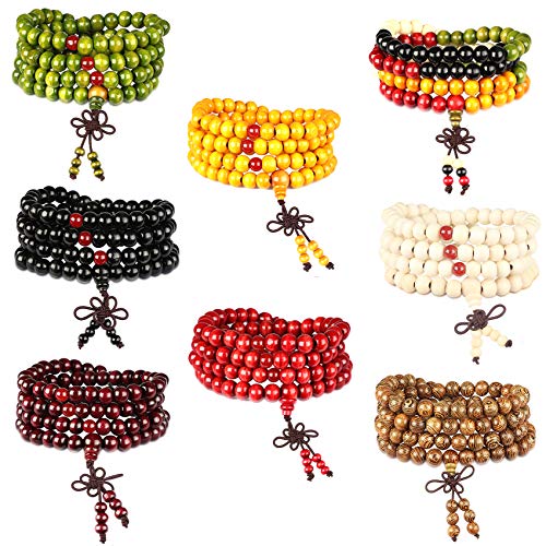 Besteel 3-8 PCS Mens Womens Wood Necklace Chain Bracelets 108 Buddhist Strand Wood Prayer Beads Sandalwood Link Wrist