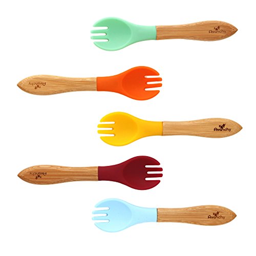 Avanchy Bamboo Baby Forks Set - BPA Forks - Bamboo and Silicone Toddler Fork - 5.5" L x 1.25" W - 5 Pack (Rainbow Baby Gift Set)