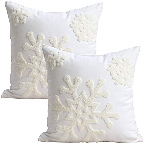 Book Cover Elife 18x18 Soft Canvas Christmas Winter Snowflake Style Cotton Linen Embroidery Throw Pillows Covers w/ Invisible Zipper for Bed Sofa Cushion Pillowcases for Kids Bedding (1 Pair, White)