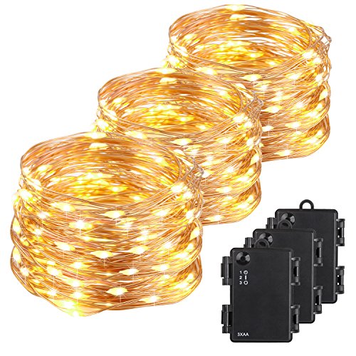 Kohree 3 Pack 100 LEDs Christmas String Light Battery Powered on 33ft Long Ultra Thin String Copper Wire, Decor Rope Flexible Light with Timer and Battery Box Perfect for Weddings, Tree, Party, Xmas