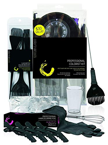 Colortrak Professional Hair Colorist Kit, 4-Pack Croc Clips, Color Beaker, Whisk, Duo Brush, 3-Pack of Brushes, Black Reusable Medium Gloves, Color Bowl, 50-Count Popup Hair Coloring Foil, Storage Box