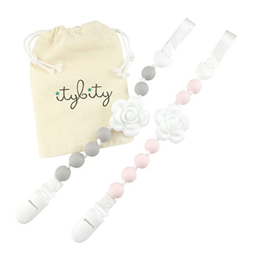Book Cover Pacifier Clip Girl, BPA Free Silicone Teether, Set of 2 (Petal Pink/Soft Gray/White)