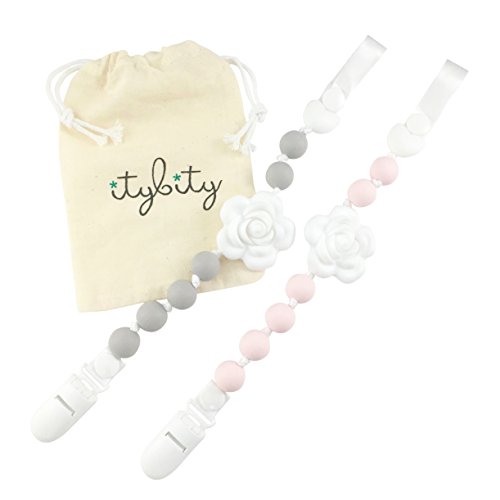 Pacifier Clip Girl, BPA Free Silicone Teether, Set of 2 (Petal Pink/Soft Gray/White)
