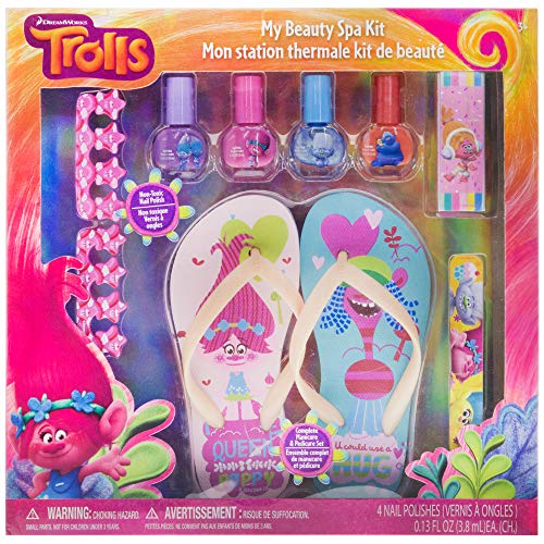 Book Cover Townley Girl DreamWorks Trolls My Beauty Spa Set Polish, Buffer, File, Sandals and Toe Separators, 10 Piece Set