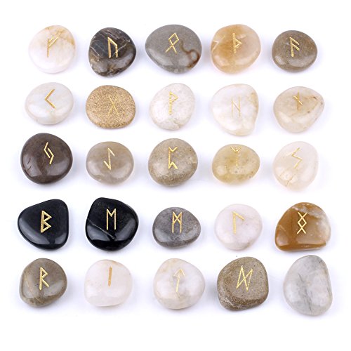 Book Cover TGS Gems Rune Stones Set with Engraved Elder Futhark Alphabet and Velvet Pouch