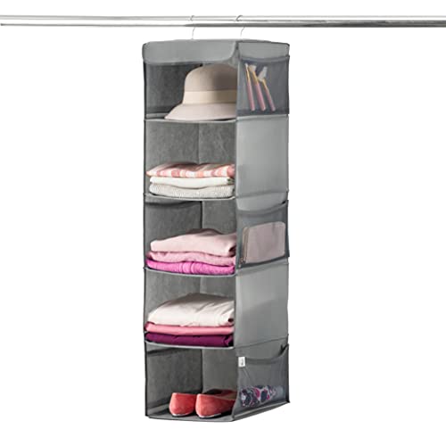 Book Cover Zober 5 Shelf Hanging Closet Organizer Space Saver, Roomy Breathable Hanging Shelves With (6) Side Accessories Pockets, And 2 Sturdy Hooks, For Clothes Storage, And Shoes, Etc. 12 x 11 Â½ x 42 In, Gray