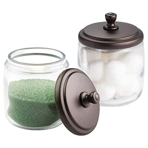 Book Cover mDesign Bathroom Vanity Glass Storage Organizer Canister Apothecary Jars for Cotton Swabs, Rounds, Balls, Makeup Sponges, Blenders, Bath Salts - 2 Pack, Clear/Bronze