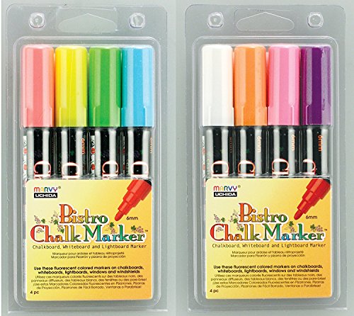 Uchida of America Bundle Set of 2- 480-4A 4-Piece Bistro Chalk Marker Broad Tip 6mm Marker Set and 480-4B 4-Piece Bistro Chalk Marker Broad Tip 6mm Marker Set