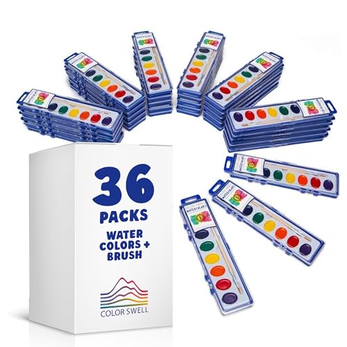 Color Swell 36 Set Watercolor Paint Pack with Quality Wood Brushes| Washable Water Colors, Perfect for Kids Adults Parties Students Classroom Bulk |8-Color|