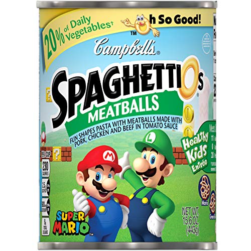 Book Cover Campbell's SpaghettiOs Canned Pasta, Super Mario Bros.Â Shaped Pasta with Meatballs, 15.6 oz.Â Can (pack of 12)