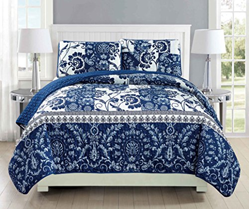 Book Cover Mk Collection 3pc Bedspread Coverlet Quilted Floral White Navy Blue Over Size New #186 King/California King