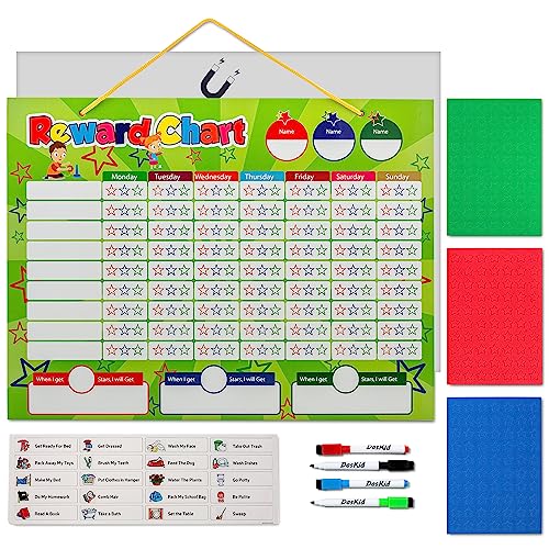 Book Cover Magnetic Reward Chart Set Includes: 20 Magnetic Chores, 210 Magnetic Stars & 4 Color Dry Erase Markers & Dry Erasable Behavior Chart Board 16 x 12, Magnetic Backing For Fridge + Hanging loop for Wall,