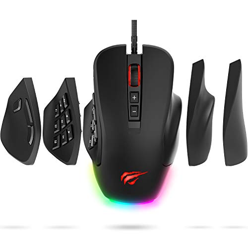 Book Cover Havit Gaming Mouse Computer Ergonomic Wired Mice with 14 Programmable Buttons Interchangeable Side Plates (8 Buttons/ 8+6 Side Buttons), 2 Replaceable Right Plates for Laptop PC Gamer