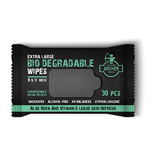 ArcherOG Biodegradable Wipes for Camping and Outdoor Use. Aloe and Vitamin Enriched Extra Large 8 Inch by 11 Inch 30 Pack