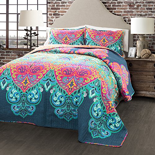 Book Cover Lush Decor Boho Chic Reversible 3 Piece Quilt Bedding Set - Turquoise/Navy - King