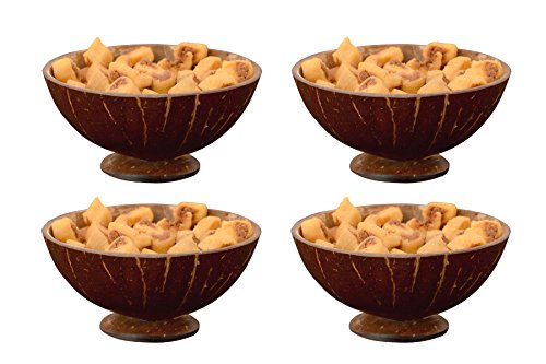 Fedora Craft Hand made Coconut Shell Bowl with Pouch (Natural Brown with Outside Mat Finishing, Small) - Set of 4