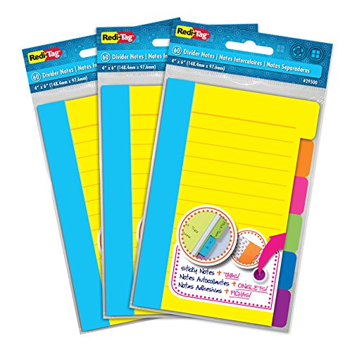 Redi-Tag Divider Sticky Notes, Tabbed Self-Stick Lined Note Pad, 60 Ruled Notes per Pack, 4 x 6 Inches, Assorted Neon Colors, 3 Pack (10245)