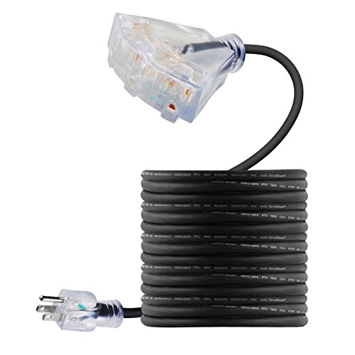25 FT 14/3 Outdoor Extension Cord - Rubber, Flexible, Triple Outlet, Black Wire with Live Power Light Indicator. 15 Amp