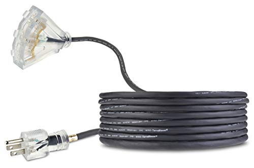 TerraBloom 16/3 Heavy Duty Extension Cord 15 FT Outdoor - Black Outdoor Extension Cord Multiple Outlet - Ultra-Flexible SJEOW Rubber, Light Indicator, Triple Outlet for Maximum Efficiency - 13 Amp