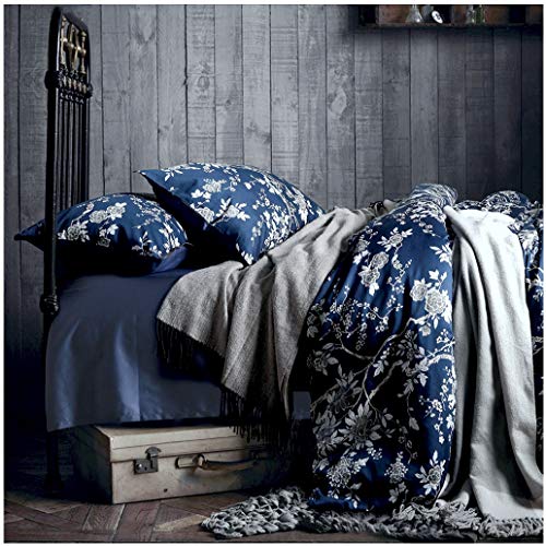Book Cover Eastern Floral Chinoiserie Blossom Print Duvet Quilt Cover Navy Blue Tan White Asian Style Botanical Tree Branches Ornamental Drawing 400TC Egyptian Cotton 3pc Bedding Set (King)