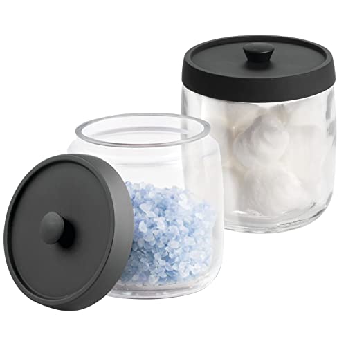 mDesign Bathroom Vanity Glass Storage Organizer Canister Apothecary Jar for Cotton Swabs, Rounds, Balls, Makeup Sponges, Blenders, Bath Salts - 2 Pack - Clear/Matte Black