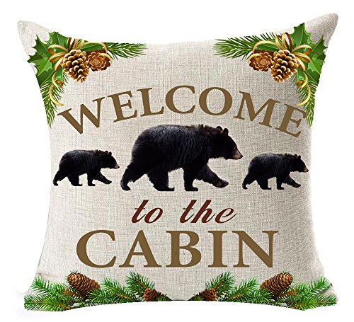 Andreannie Retro Vintage Background Wildlife Black Bear Family Welcome to The Cabin Cotton Linen Throw Pillowcase Personalized Cushion Cover New Home Office Decorative Square 18 X 18 Inches