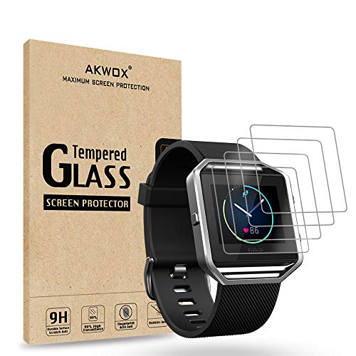AKWOX (Pack of 4) Tempered Glass Screen Protector for Fitbit Blaze Smart Watch [0.3mm 2.5D High Definition 9H] Premium Clear Screen Protective Film for Fitbit Blaze