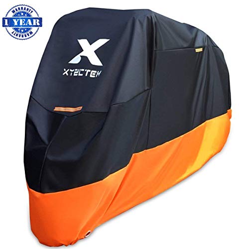 XYZCTEM Motorcycle Cover - All Season Waterproof Outdoor Protection - Precision Fit up to 108 Inch Tour Bikes, Choppers and Cruisers - Protect Against Dust, Debris, Rain and Weather(XXL,Black& Orange)