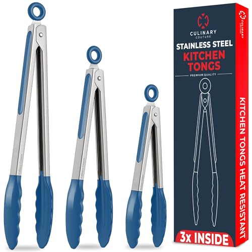 Kitchen Tongs with Silicone Tips Set of 3 Heat Resistant Tongs for Serving Food, 7-Inch, 9-Inch, 12-Inch Locking Silicone Tongs for Cooking, Salad Tong, Blue Kitchen Utensils