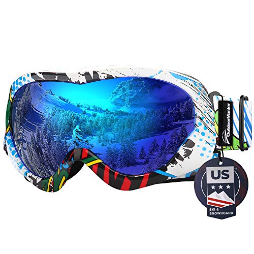 Book Cover OutdoorMaster Kids Ski Goggles - Helmet Compatible Snow Goggles for Boys & Girls with 100% UV Protection (Color pattern Frame + VLT 15% Grey Lens with Full REVO Blue)