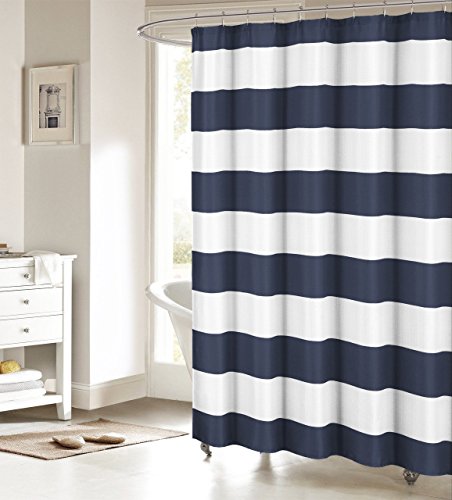 Book Cover Fabric Shower Curtain: Nautical Stripe Design (Navy and White) 70