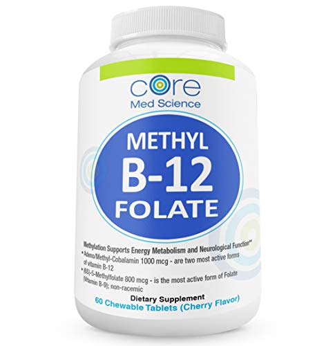 Active B12 + L-5-MTHF (Folate) LOZENGES |"Quatrefolic" 800 mcg | High Potency Methyl Folate B9 + 1000 mcg Vitamin B12 (Methyl B12 & Adenosyl B12) - Cherry Flavor 60 Lozenges by Core Med Science