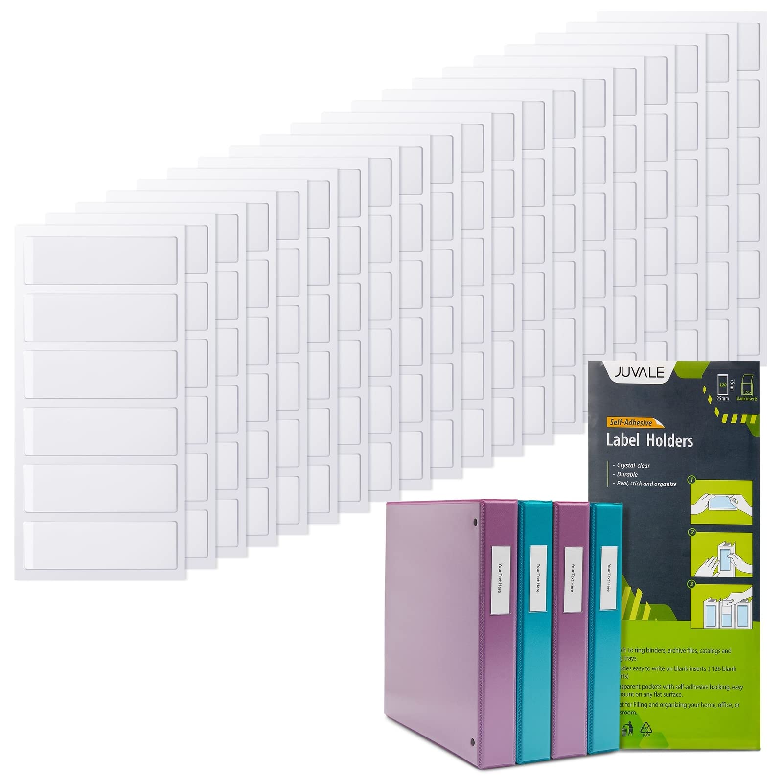 Juvale 120 Pack Clear 3-Ring Binder Spine Label Holder Stickers with 126 Blank White Inserts, Self-Adhesive Pocket Sleeves for Small Business, Office Supplies (1x3 in)