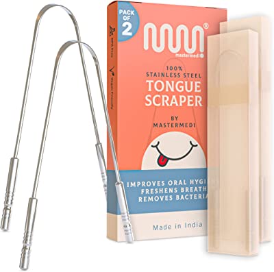 Book Cover Tongue Scraper with Travel Case - 2 Pack, Fights Bad Breath, Medical Grade 100% Stainless Steel, Great for Oral Care, Tongue Cleaner for Adults and Kids, Easy to Use with Non-Synthetic Handle