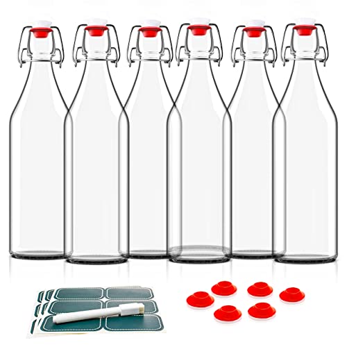Book Cover Otis Classic Swing Top Glass Bottles - Set of 6, 16oz w/Marker & Labels - Clear Bottle with Caps for Juice, Water, Kombucha, Wine, Beer Brewing, Kefir Milk or Eggnog