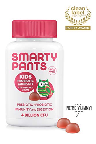 Book Cover SmartyPants Kids Probiotic Complete Daily Gummy Supplement; Probiotics & Prebiotics; Gluten Free, Digestive & Immune Support*; 4 billion CFU, Vegan, Non-GMO, Stawberry Crème, 60 Count (30 Day Supply)