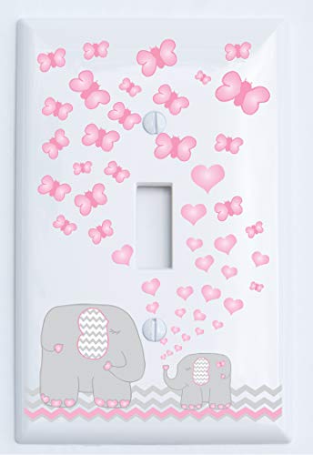 Pink Elephant Light Switch Plate Covers Elephant Nursery Decor with Grey Chevron Pink Hearts Butterflies