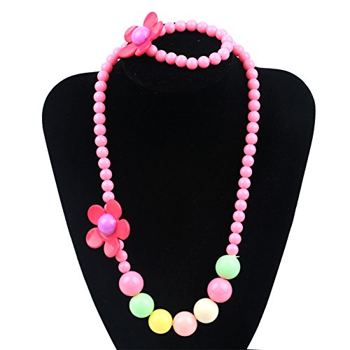 Unijew 5 Colors Kids Jewelry Fashion Jewelry for Girls Necklace Bracelet Set for Little Girls Children Jewelry Pendant with Gift Box Jewelry Box for Girls Pink