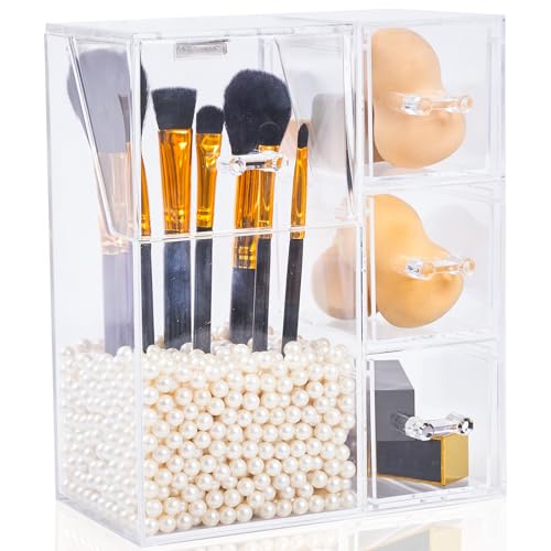PuTwo Makeup Organizer with 2 Brush Holders and 3 Drawers All In One Case, White