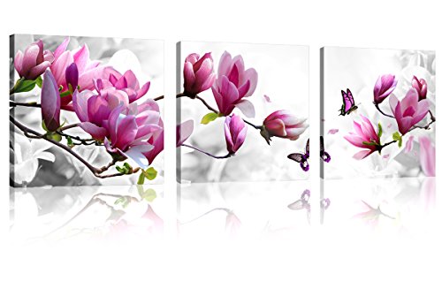 Book Cover Natural art â€“ Pink Flowers with Butterfly 3 Panels Stretched Canvas Wooden Framed Wall Art