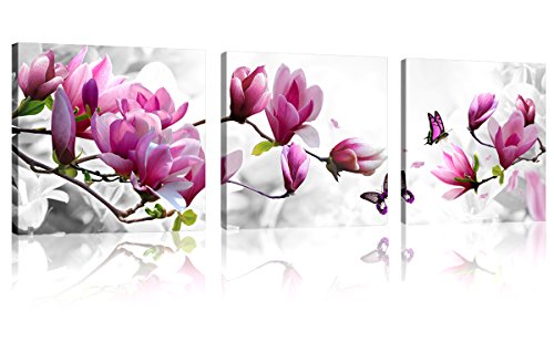 Natural Art – Pink Flowers with Butterfly 3 Panels Stretched Canvas Wooden Framed Wall Art