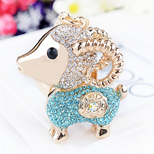 Crystal Goat Sheep Coin Keychain Sparkling Keyring Crystal Rhinestones Purse Pendant Handbag Charm (Blue)