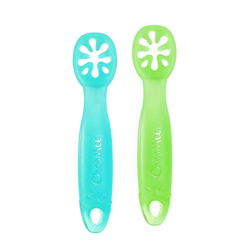 Book Cover ChooMee FlexiDip Baby Starter Spoon | Platinum Silicone | First Stage Teething Friendly Learning Utensil | 2 CT | Aqua Green