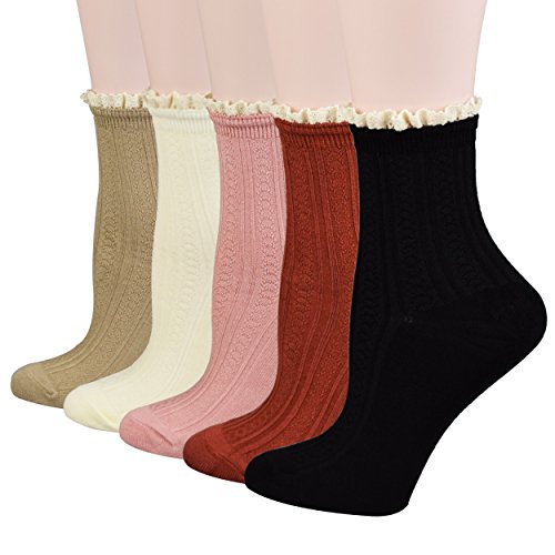 FITU Women's Vintage Dress Socks Ruffle Frilly Cute Rayon Lace Trim Socks 5-6 Pairs Pack in Gift Box