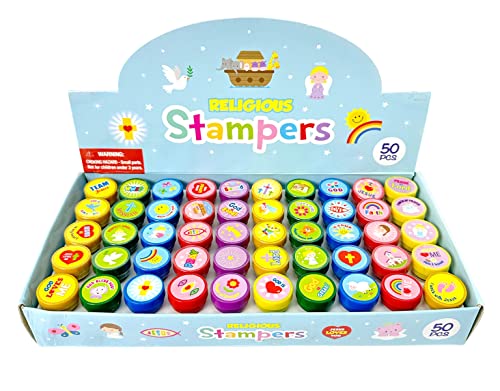 Tiny Mills 50 Pcs Religious Assorted Stampers for Kids Religious Prizes Carnival Prizes Vacation Bible School Sunday School Prizes