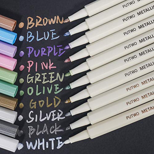 PuTwo Metallic Markers, 10 Assorted Colors, Fine Tip, Waterproof, Metallic Calligraphy Marker, Multi Surfaces